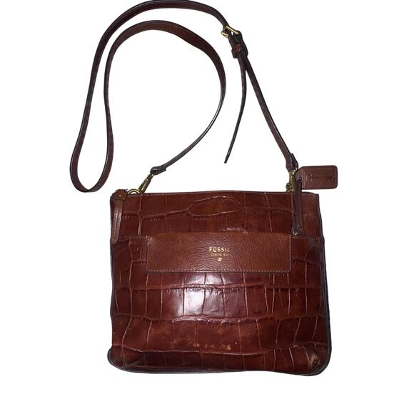 Fossil Croc Embossed Leather Shoulder Bag Cognac Brown - Picture 1 of 6